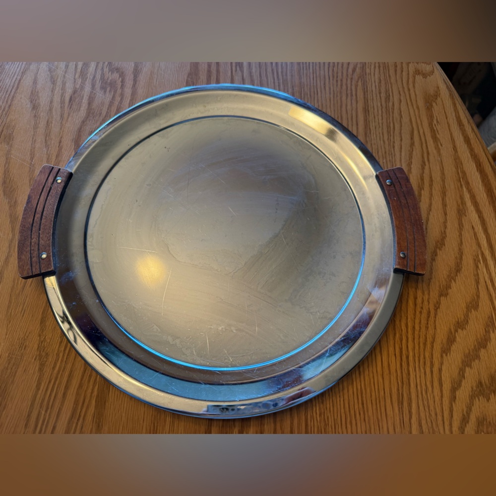 Vintage Mid Century Round Kromex Serving Plate with Wood Handles